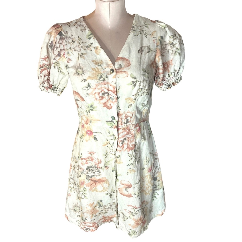 HM Linen Blend Floral Button Front Puff Sleeve Mini Dress XS Romantic Coquette